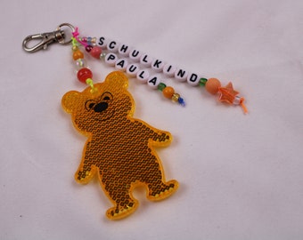 Porte-clés réfléchissant pour enfants « écolier / ours » avec nom, personnalisable, arbre à cartable, pendentif de sac, sac de fête, inscription scolaire