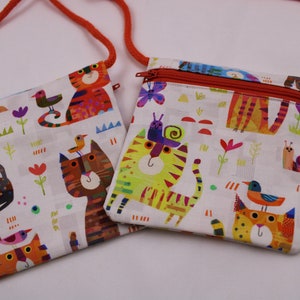 Kinder-BRUSTBEUTEL "Katzen kunterbunt" mit Reißverschluss und Reflektorfähnchen; Brusttasche, Geldbörse, Geldbeutel