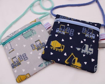 Children's NECK BAG "Construction vehicles dark blue or grey" with zip and reflector flag; Breast pocket, purse, purse