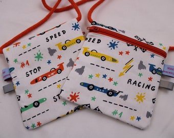 Children's CHEST POUCH "Car racing" with zipper and reflective flag; breast pocket, wallet, purse