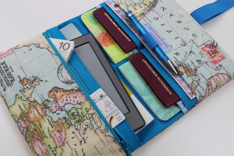 Travel case / travel organizer for families 4/meter World Map different interior colors available Türkisblau
