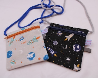 Children's CHEST POUCH "Space" with zipper and reflector flag; breast pocket, purse, wallet