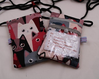 CHEST POUCH for children "Cats Red Tones" with transparent compartment, reflective strips + cord stopper; wallet, ticket pocket