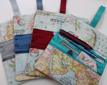 Travel case MODEL 3/meter "World Map" - travel wallet, ticket bag, passport cover, document bag - various interior colors available!