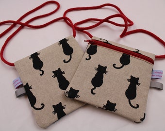 Kinder-BRUSTBEUTEL "Schwarze Katze" mit Reißverschluss und Reflektorfähnchen; Brusttasche, Geldbörse, Geldbeutel