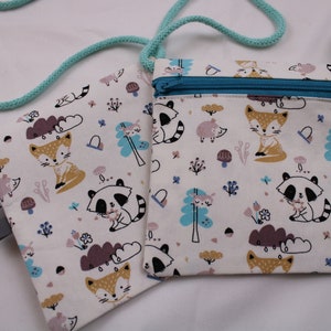 Kinder-BRUSTBEUTEL "Fuchs & Waschbär" mit Reißverschluss und Reflektorfähnchen; Brusttasche, Geldbörse, Geldbeutel
