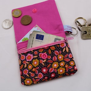 Kinder-Geldbeutel "Streublümchen pink/schwarz" mit Reißverschlussfach, Steckfach und Schlüsselring, Geldbörse, Minibörse, Portemonnaie