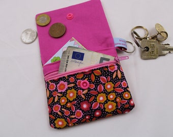 Porte-monnaie pour enfants « Fleurs dispersées rose/noir » avec compartiment zippé, poche plaquée et porte-clés, porte-monnaie, mini portefeuille, portefeuille