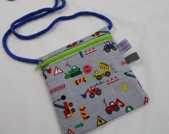 Children's CHEST POUCH "Construction site / grey" with zipper and reflector flag; breast pocket, wallet, purse