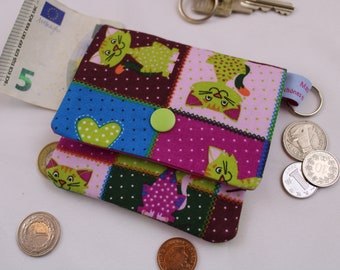Kinder-Geldbeutel "Katzen grün+pink" mit Reißverschlussfach, Steckfach und Schlüsselring, Geldbörse, Minibörse, Portemonnaie