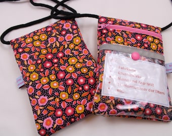 CHEST POUCH for children "Scattered flowers pink/black" with transparent compartment, reflective strips + fluorescent cord stopper; ticket pocket