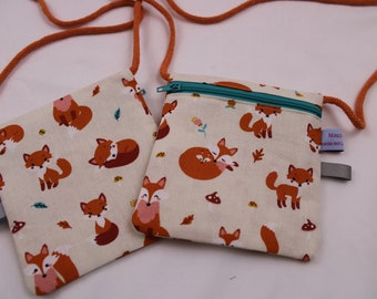 Children's CHEST POUCH "Fox Family" with zipper and reflector flag; breast pocket, wallet, purse