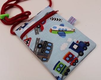 BRUSTBEUTEL für Kinder "Fahrzeuge" mit fluoreszierendem Kordelstopper, Brusttasche, geldbeutel