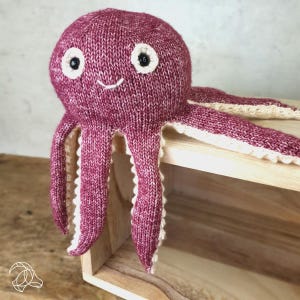 Könnte beinhalten: Ein gestricktes Plüschtier in Form eines Oktopus in rosa und weiß. Der Oktopus hat ein lächelndes Gesicht mit schwarzen Augen und weißen Pupillen. Die Tentakel sind mit einem weißen Rand gehäkelt.
