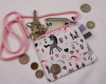 Children's NECK BAG "Unicorn & Castle" with zipper and reflector flag; Breast pocket, purse, purse