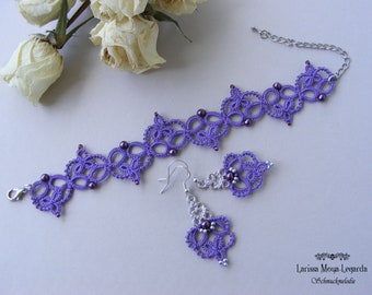 Bracelet and earrings purple with glass beads, light earrings and bracelet made of Frivolitè lace, jewelry set purple filigree, gift idea