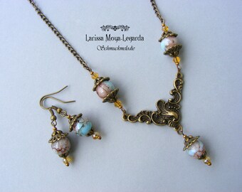 Schmuckset Farbe bronze: kurze Kette und Ohrringe mit marmorierten Perlen, Collier und Ohrhänger, Geschenk Idee
