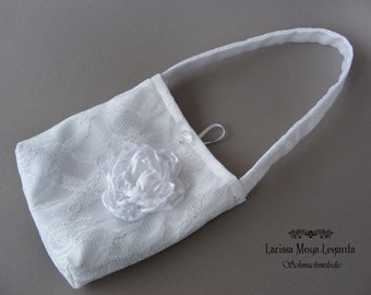 Brauttasche Hochzeit aus Satin und Spitze mit abnehmbarere Blume, weiß, Kommunion Tasche, Handtasche Braut
