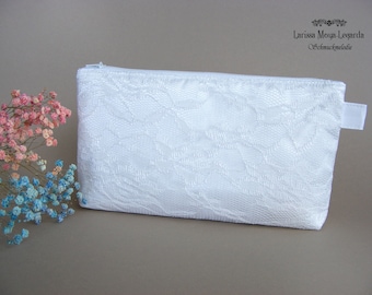 Braut Clutch mit Spitzenstoff schlicht, Brauttasche aus Satin und Spitze weiß, ivory, creme, Tasche Hochzeit, Brautclutch cream