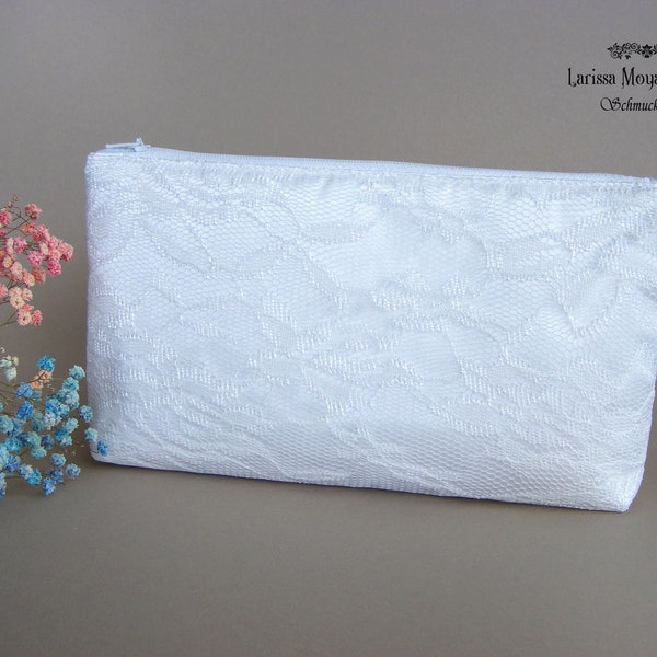 Braut Clutch mit Spitzenstoff schlicht, Brauttasche aus Satin und Spitze weiß, ivory, creme, Tasche Hochzeit, Brautclutch cream