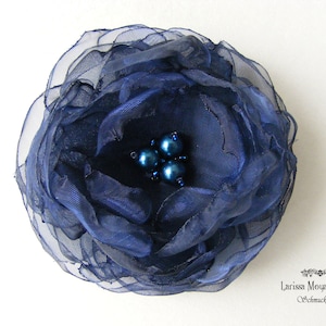 Corsage brooch made of organza blue embroidered with pearls, hair clip hair accessory flower dark blue, pin midnight blue