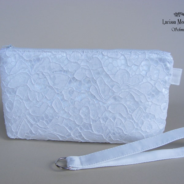 Braut Clutch mit Spitzenstoff schlicht, Brauttasche aus Satin und Spitze weiß, Brautclutch elegant, weiße Tasche Hochzeit