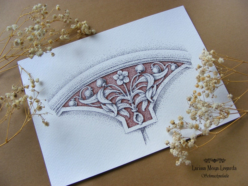 Ornament Wanddeko, Original Zeichnung A5, Bild Tusche schwarz weiss braun, Tuschezeichnung Pointillism Blumen, originelle Geschenk Idee Bild 2