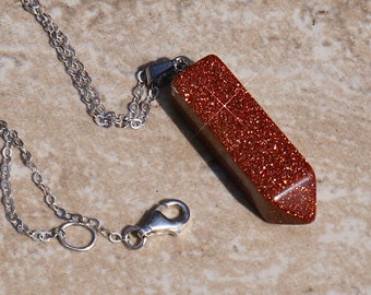Goldstone Crystal Point Necklace - Sterling Silver Chain, Copper Flecks