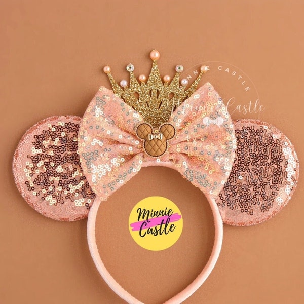 Rose Gold Mouse Ears with Gold Crown, Mickey Ears, Minnie Ears, Birthday Princess Mouse Ears Headband for Kids & Adults, Glitter Sequin Ears