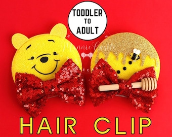 Pooh Ears, Mickey Ears Hair Clips, Minnie Ears, Honey Pooh Bear Mickey Ears, Mickey Ears, Minnie Hair Clips, Mouse Hair Clips Adults Kids