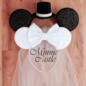 Bride & Groom ears, Bride ears, Bride Minnie mouse ears , White Bride Mickey ears Headband, honeymoon ears, Wedding ears, engagement ears