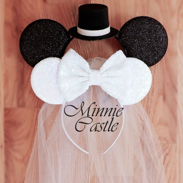 Bride & Groom ears, Bride ears, Bride Minnie mouse ears , White Bride Mickey ears Headband, honeymoon ears, Wedding ears, engagement ears