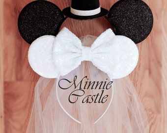 Bride & Groom ears, Bride ears, Bride Minnie mouse ears , White Bride Mickey ears Headband, honeymoon ears, Wedding ears, engagement ears