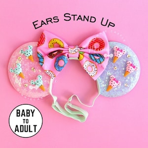 Mickey Ears with Snacks, Donut Mouse Ears, Mickey Ears, Minnie Ears, Mouse Ears with Elastic Headband, Comfortable Ears for Adults and Kids