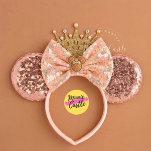 Rose Gold Mickey Ears with Crown, Minnie Ears, Mickey Ears, Princess Ears, Rose Gold Mouse Ears Headband, Birthday Ears, Mickey Ears