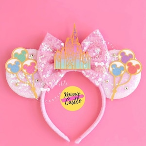 Mickey Ears With Castle, Mickey Ears, Balloons Mouse Ears, Minnie Ears, Mouse Ears headband, Pastel Castle and Balloons Mouse Ears for Gifts