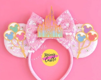Mickey Ears With Castle, Mickey Ears, Balloons Mouse Ears, Minnie Ears, Mouse Ears headband, Pastel Castle and Balloons Mouse Ears for Gifts