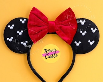 Schwarz und Rot Minnie Ohren, Mickey Perlen Ohren, Perlen Minnie Ohren, Mickey Ohren, Minnie Ohren, Maus Ohren Stirnband, Samt Mickey Ohren