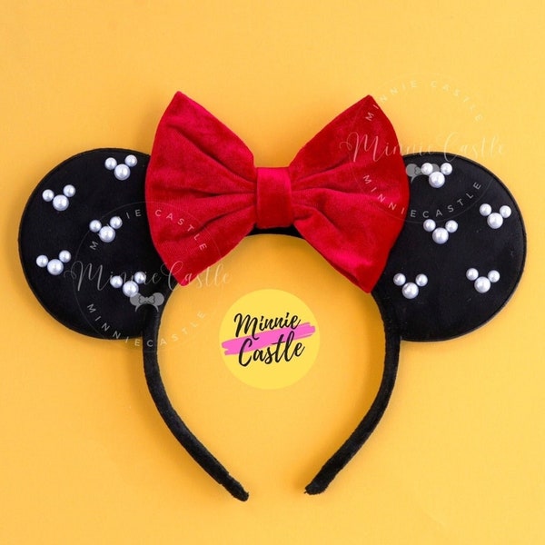 Black and Red Minnie Ears, Mickey Pearls Ears, Pearls Minnie Ears, Mickey Ears,  Minnie Ears, Mouse Ears Headband, Velvet Mickey Ears