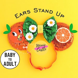Orange Citrus Bird Ears, Mickey Ears, Orange Garden Mickey Ears, Minnie Ears, Orange Citrus Minnie Ears, Mouse Ears with Elastic Headband