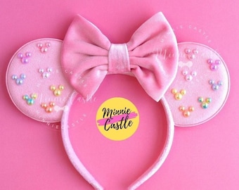 Uszy Myszki Miki z perełkami, uszy Myszki Miki, uszy Myszki Minnie, różowe uszy Myszki, aksamitne uszy Myszki Miki, opaska na głowę z uszami Myszki, pastelowe tęczowe perły z uszami Myszki Minnie