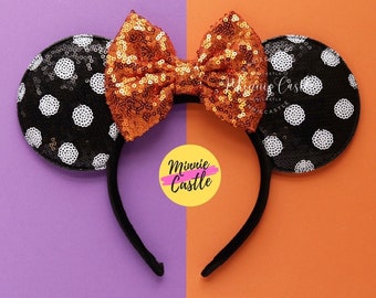 Mickey Ears Halloween,  Halloween Ears, Mickey ears, Minnie ears, Black White Polka dots Minnie ears Orange Black Mouse Ears Headband
