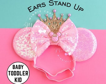 Mickey Ears with Crown, Minnie Ears, Baby Toddlers Minnie Ears, Pink Mouse Ears, Minnie Charm Mouse Ears, Mouse ears Elastic Headband