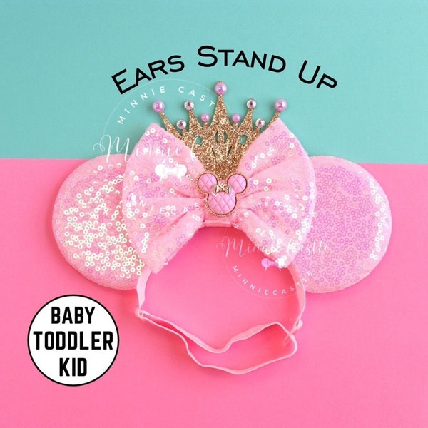 Mickey Ears with Crown, Minnie Ears, Baby Toddlers Minnie Ears, Pink Mouse Ears, Minnie Charm Mouse Ears, Mouse ears Elastic Headband