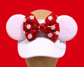 White Mouse Ear Visor, Mickey Ears, White Minnie Ears Hat, Minnie Ears, Red White Polka dot Bow Mouse Ears, Minnie Ears Visor Gift