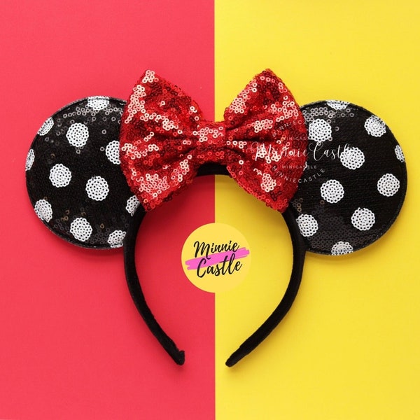 Mickey Ears, Minnie Ears, Black and White Polka Dots Mickey Ears, Red Bow Mouse Ears, Minnie Ears, Mouse Ears Headband, Mickey Ears