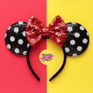 Black and White Polka Dots Mouse Ears, Minnie Ears, Mickey Ears, Red Bow Mouse Ears, Minnie Ears, Mouse Ears Headband, Mickey Ears