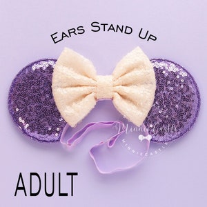 Minnie Ears, Mickey Ears Elastic Headband, Women Adults Mouse Ears Mickey Ears,  Ivory bow Lilac Ears, Mouse ears with Comfortable headband