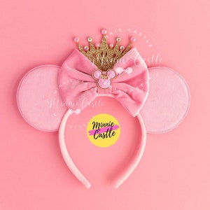 Gold Crown Mouse Ears, Pink Mickey Ears, Velvet Bow Mouse Ear, Birthday Gift for Friends and Girls, Adult Mickey Headband, Suede Ears