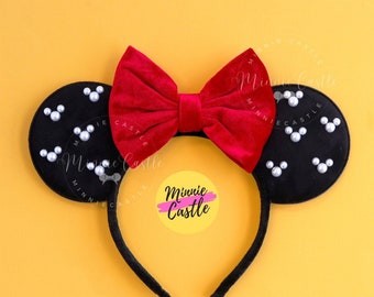 Black and Red Minnie Ears, Mickey Pearls Ears, Pearls Minnie Ears, Mickey Ears,  Minnie Ears, Mouse Ears Headband, Velvet Mickey Ears